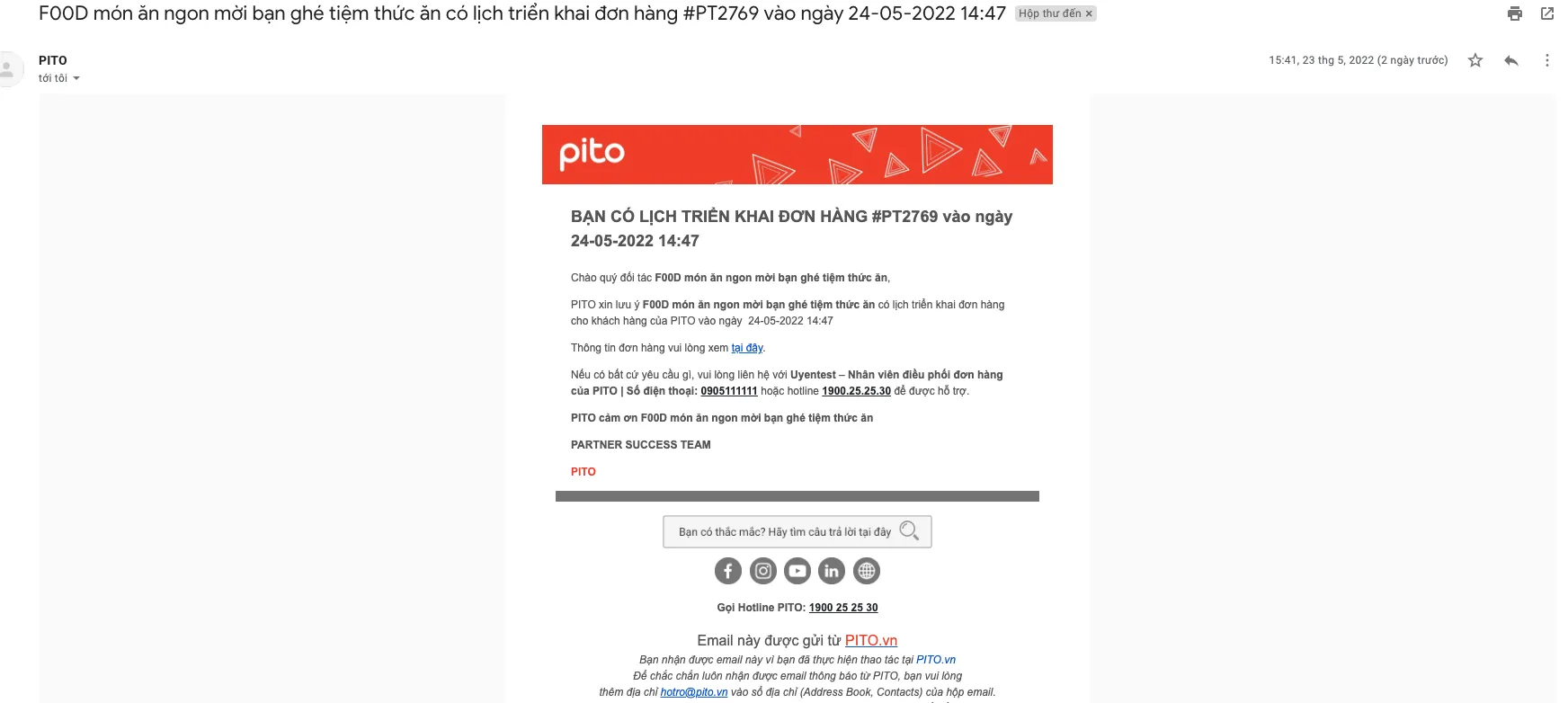 PITO Partner Nhắc nhở đơn hàng